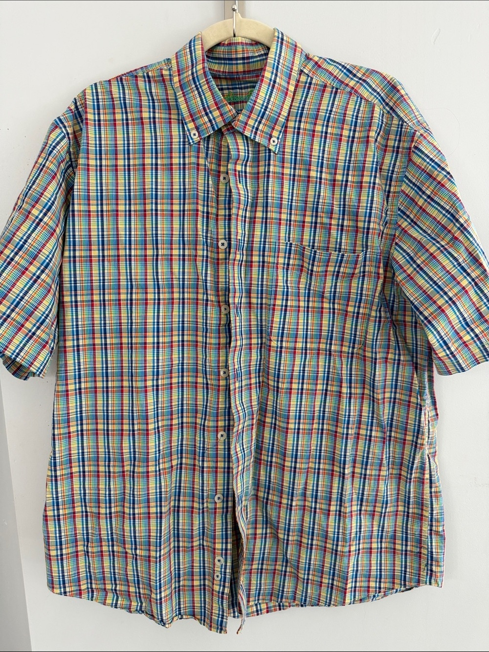 Alan Flusser Mens Large 100% Cotton Short Sleeve red yellow blue plaid button up